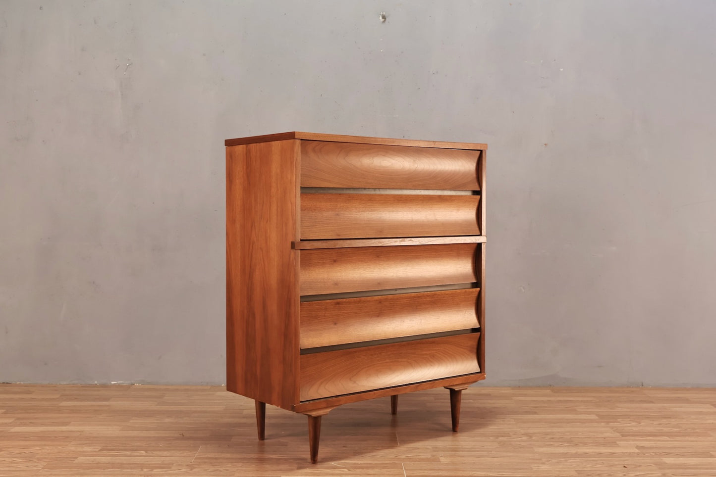 Mid Century Concave Walnut 5-Drawer Dresser