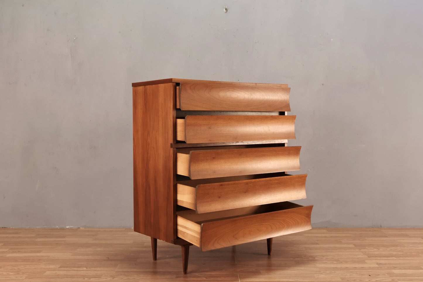Mid Century Concave Walnut 5-Drawer Dresser