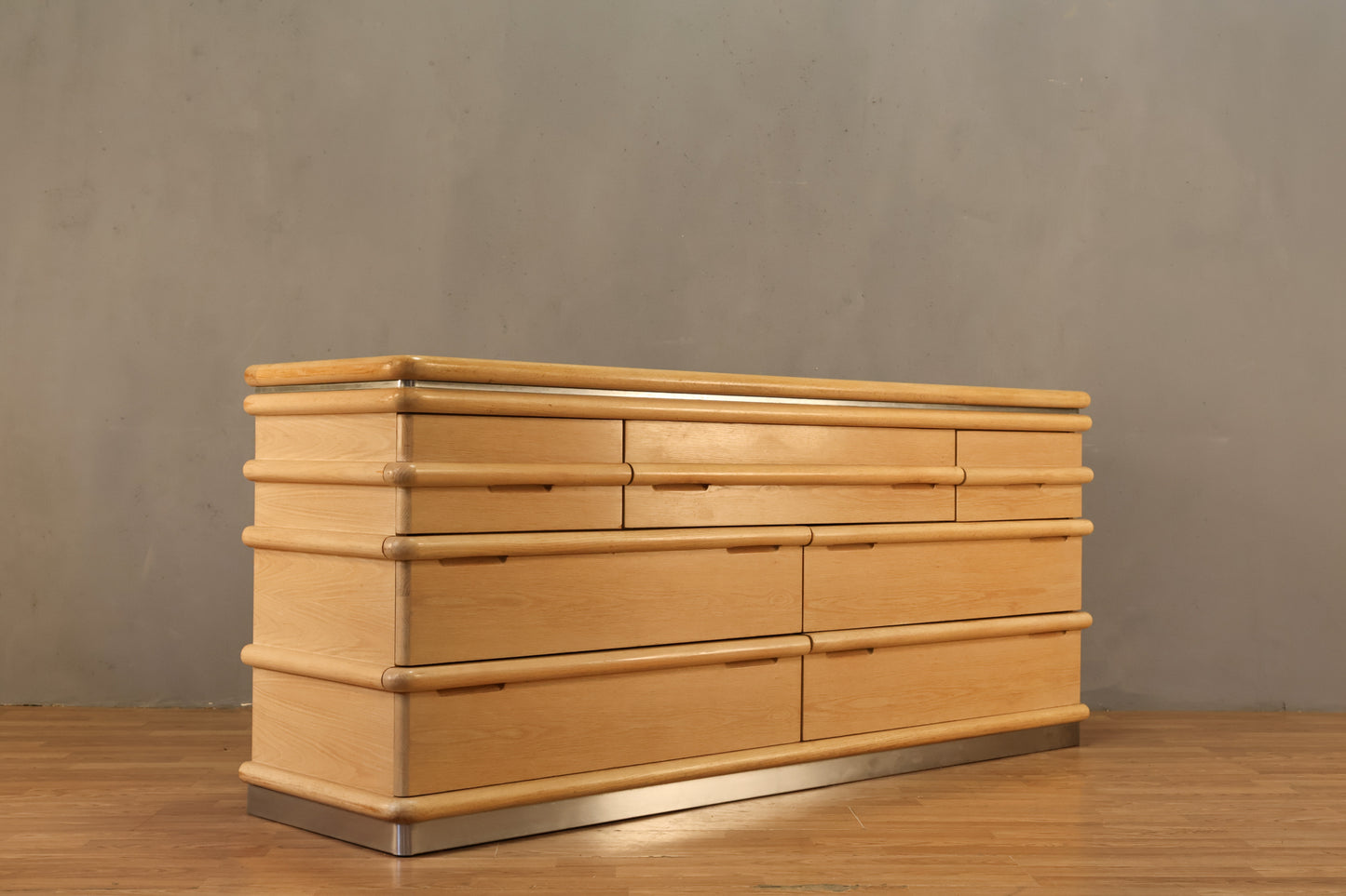 1980s Oak & Chrome 7-Drawer Dresser