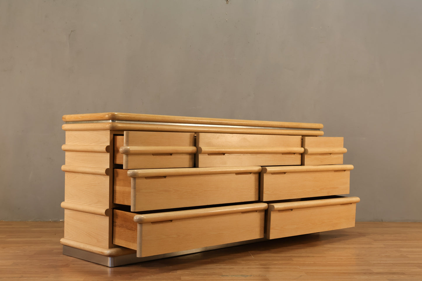 1980s Oak & Chrome 7-Drawer Dresser