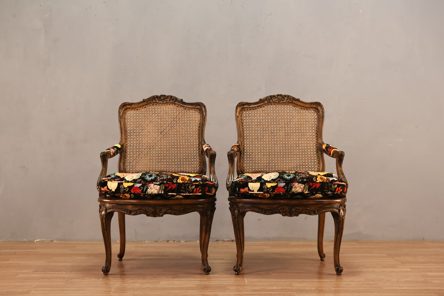 French Provincial Cane & Floral Velvet Armchair