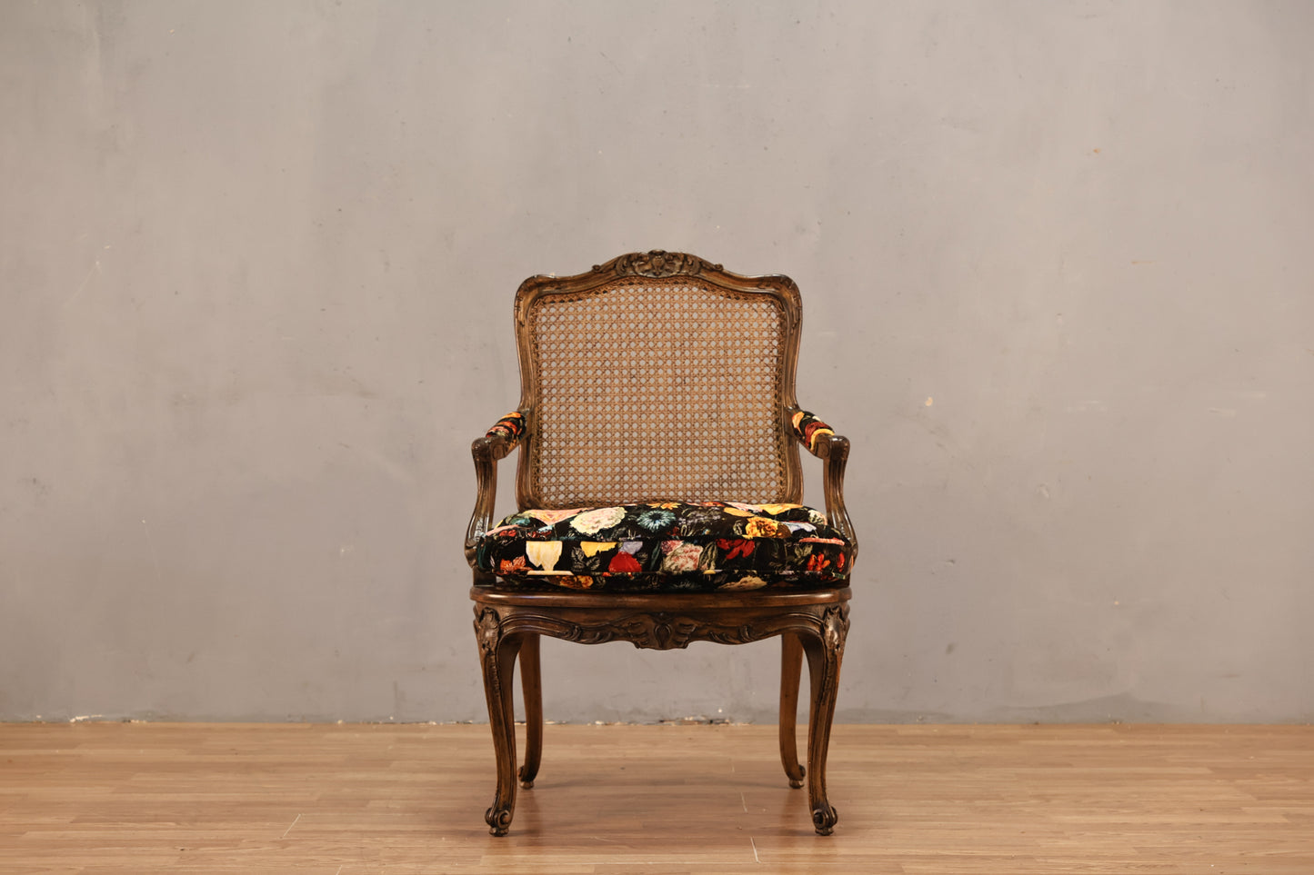 French Provincial Cane & Floral Velvet Armchair