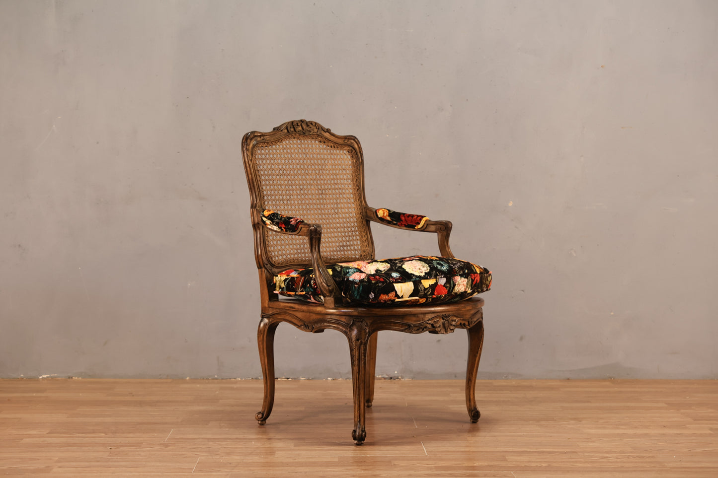 French Provincial Cane & Floral Velvet Armchair