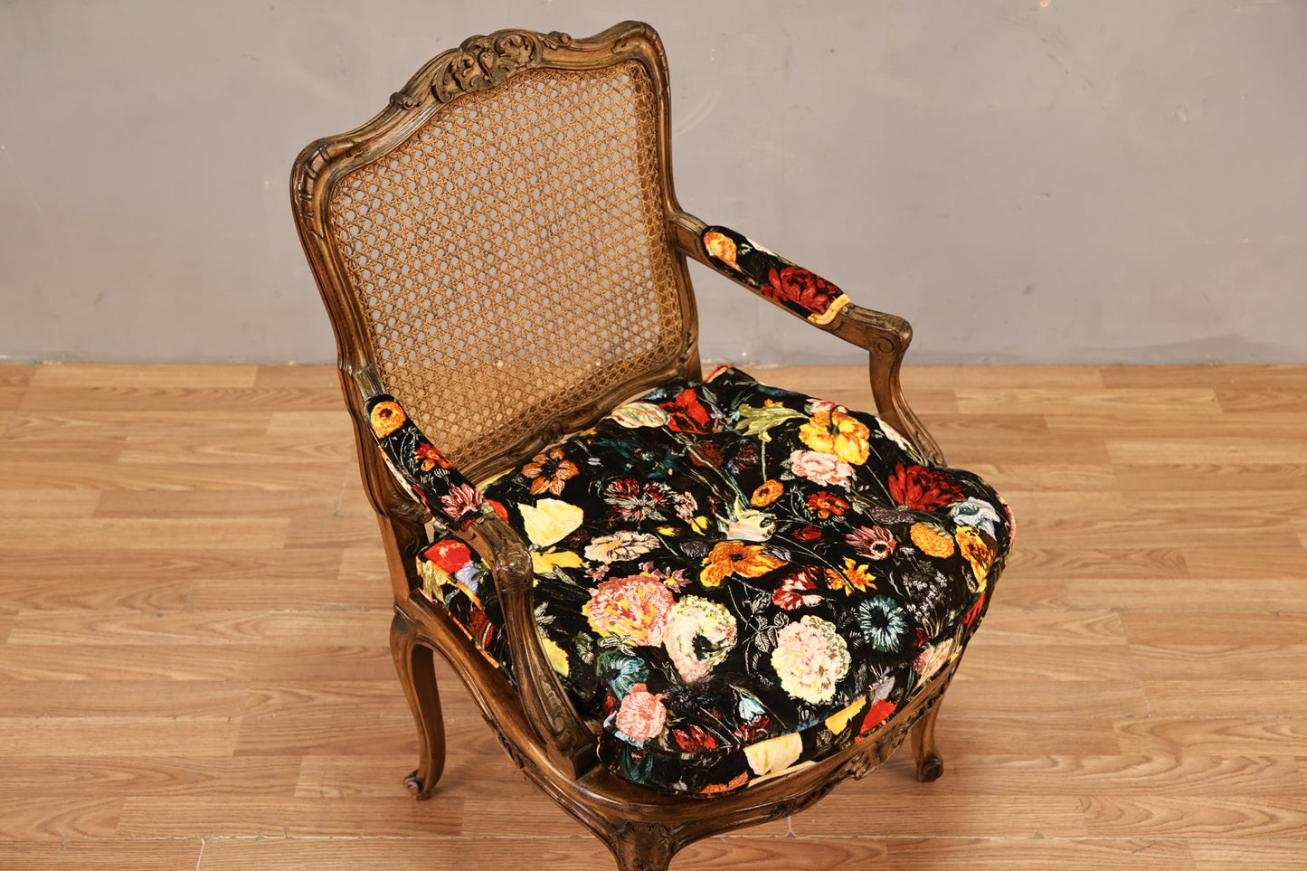 French Provincial Cane & Floral Velvet Armchair