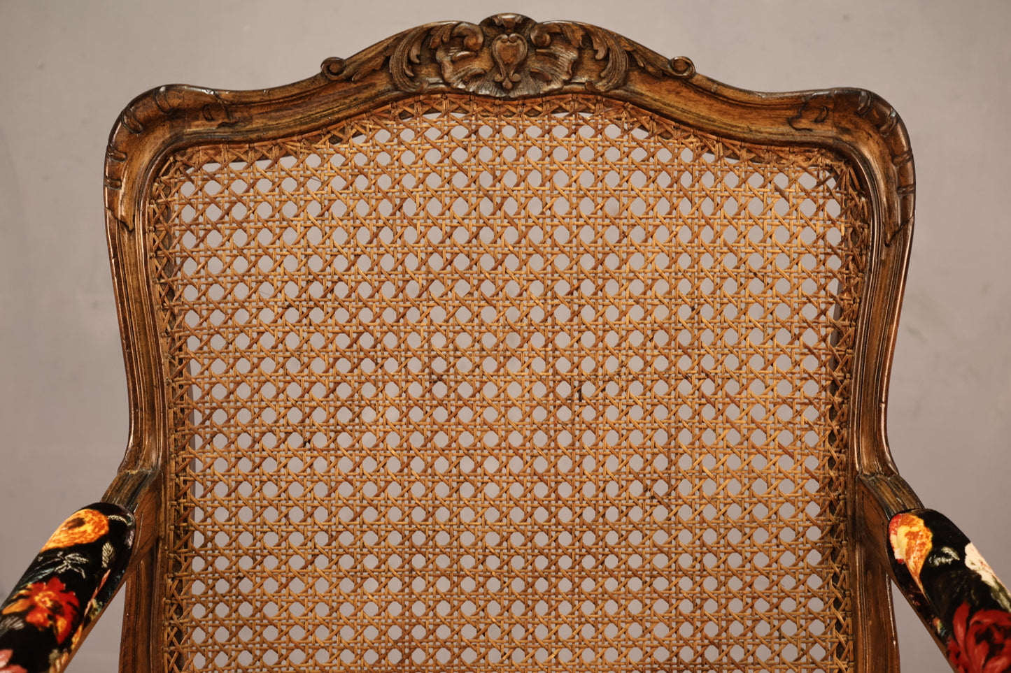 French Provincial Cane & Floral Velvet Armchair