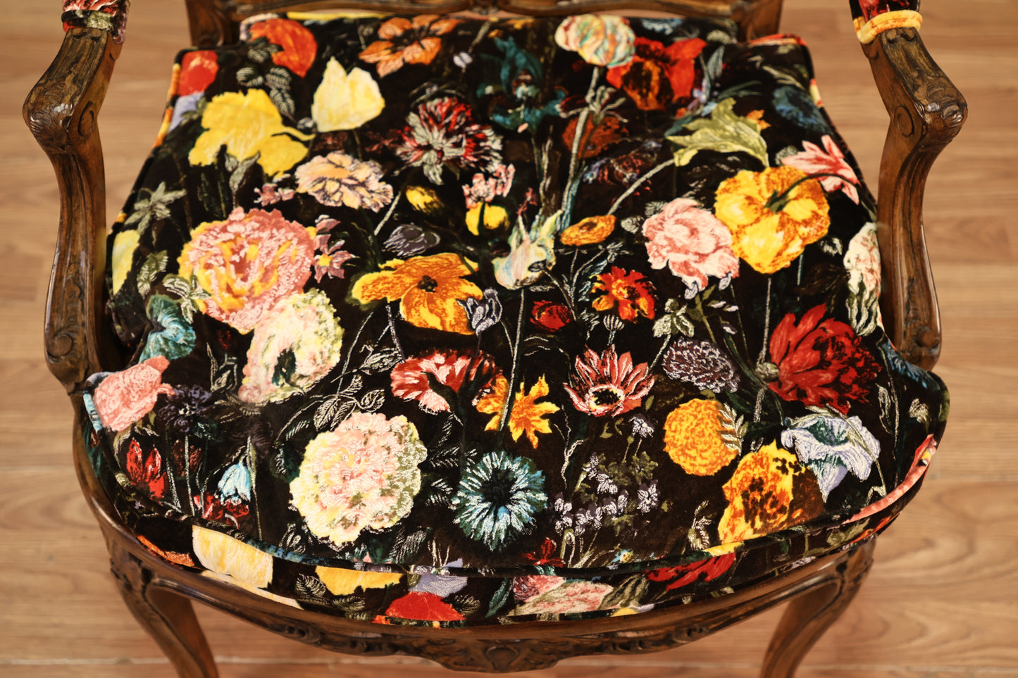 French Provincial Cane & Floral Velvet Armchair