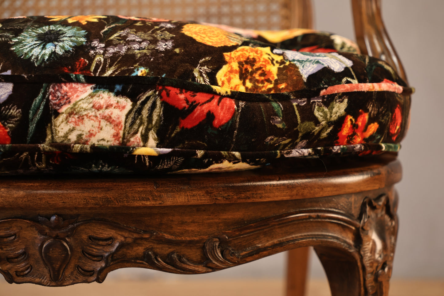 French Provincial Cane & Floral Velvet Armchair