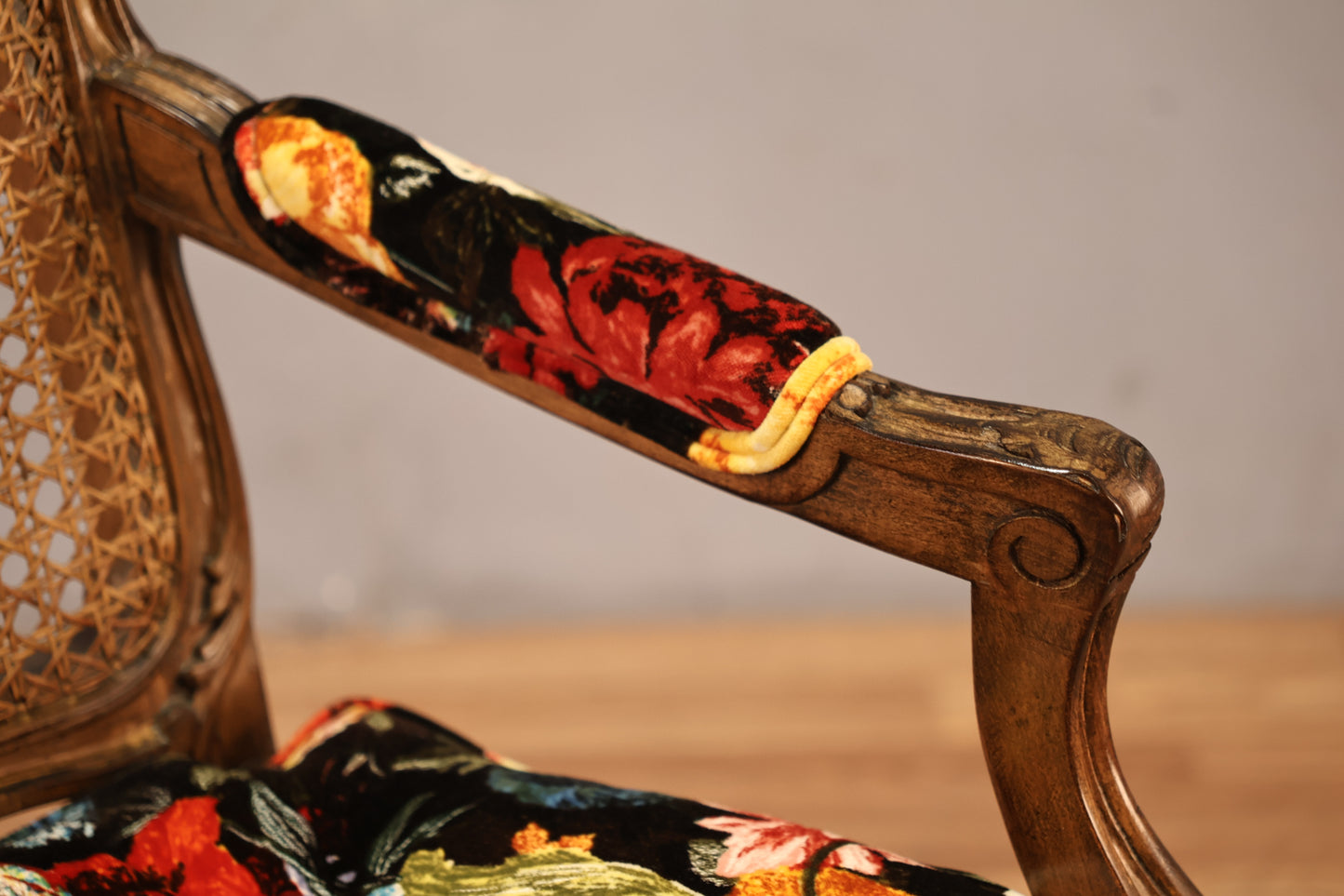 French Provincial Cane & Floral Velvet Armchair