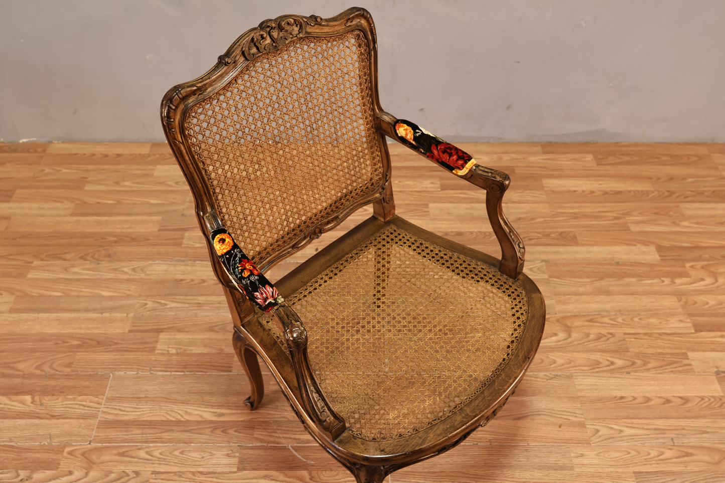 French Provincial Cane & Floral Velvet Armchair