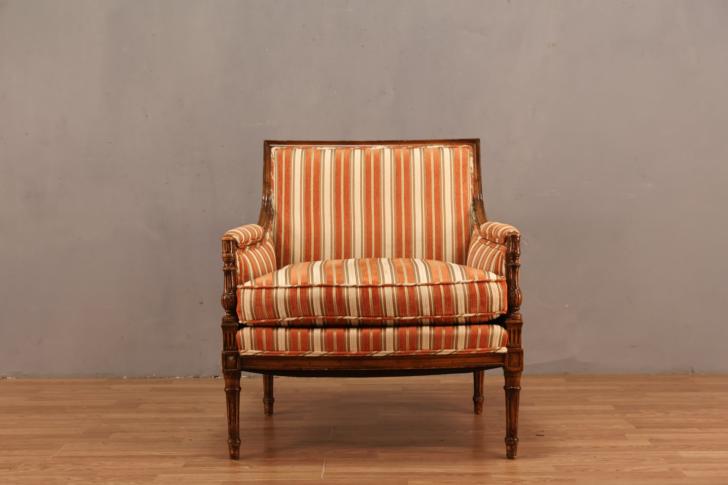 Louis XVI-Style Tangerine Striped Bergere Chair