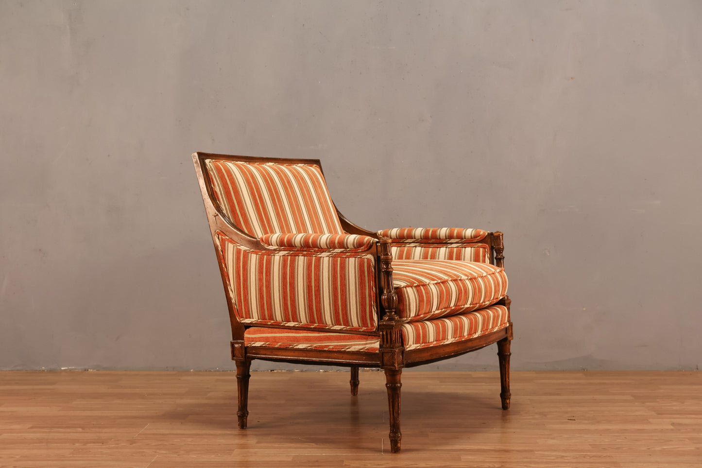 Louis XVI-Style Tangerine Striped Bergere Chair