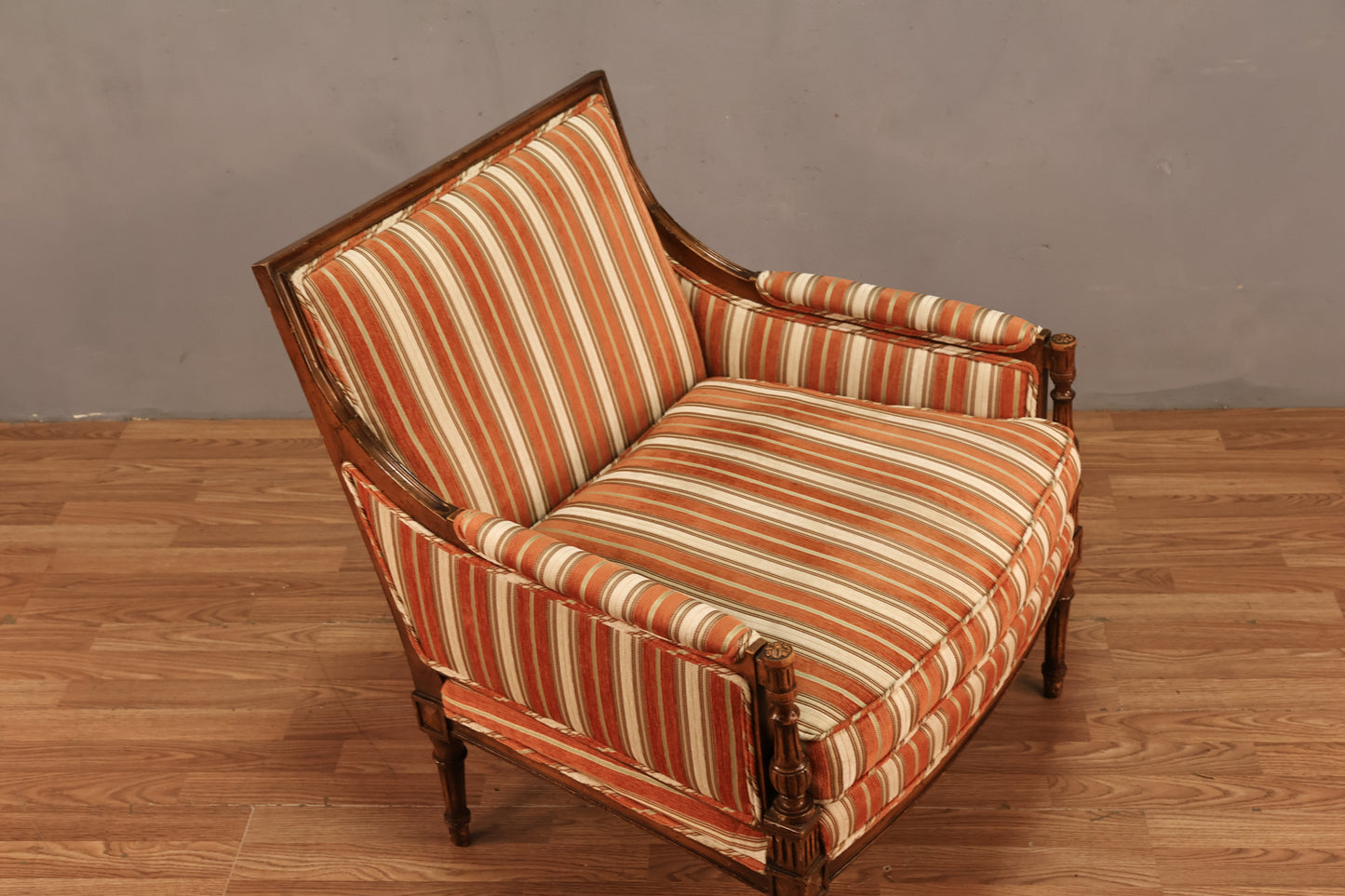 Louis XVI-Style Tangerine Striped Bergere Chair