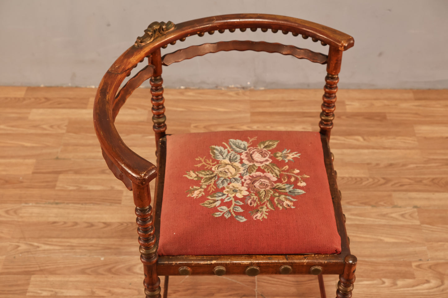 Antique Bobbin & Needlepoint Corner Chair