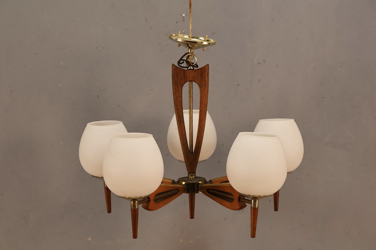 Mid Century Walnut & Frosted Glass Chandelier