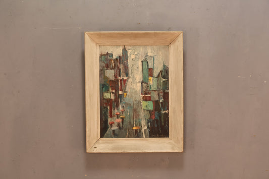 Mid Century "Downtown Downpour" Painting