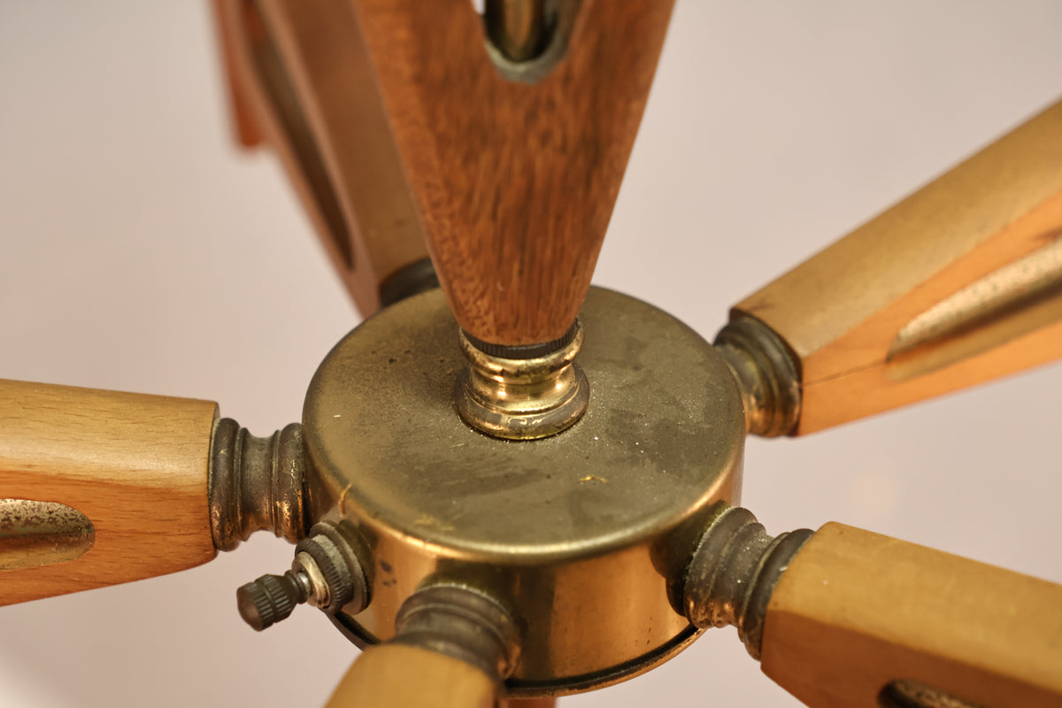 Mid Century Walnut & Frosted Glass Chandelier