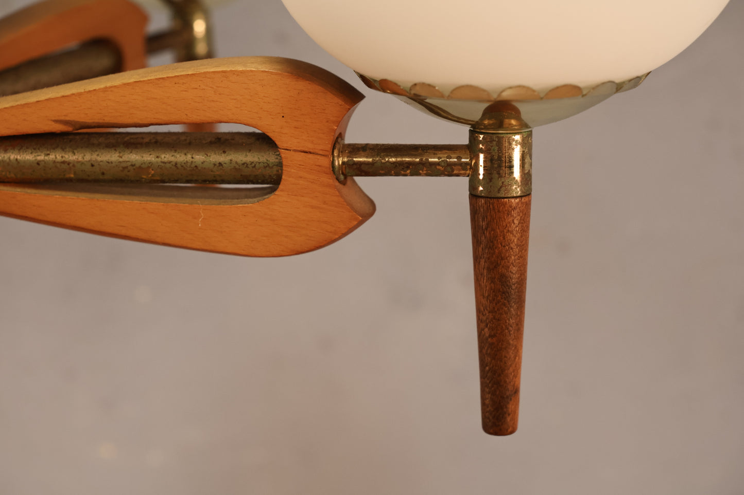Mid Century Walnut & Frosted Glass Chandelier