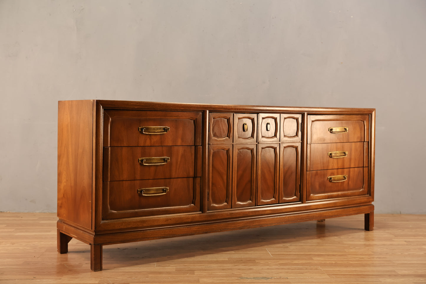Mid Century Paneled 9-Drawer Credenza