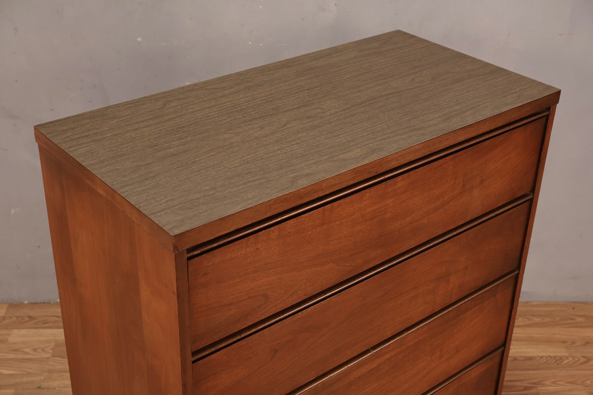 Mid Century Walnut & Laminate 4-Drawer Highboy Dresser