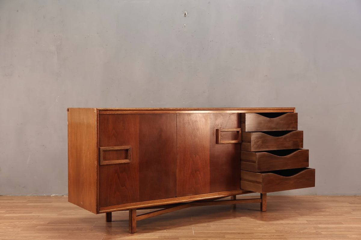 Large Walnut 11-Drawer Sliding Door Credenza