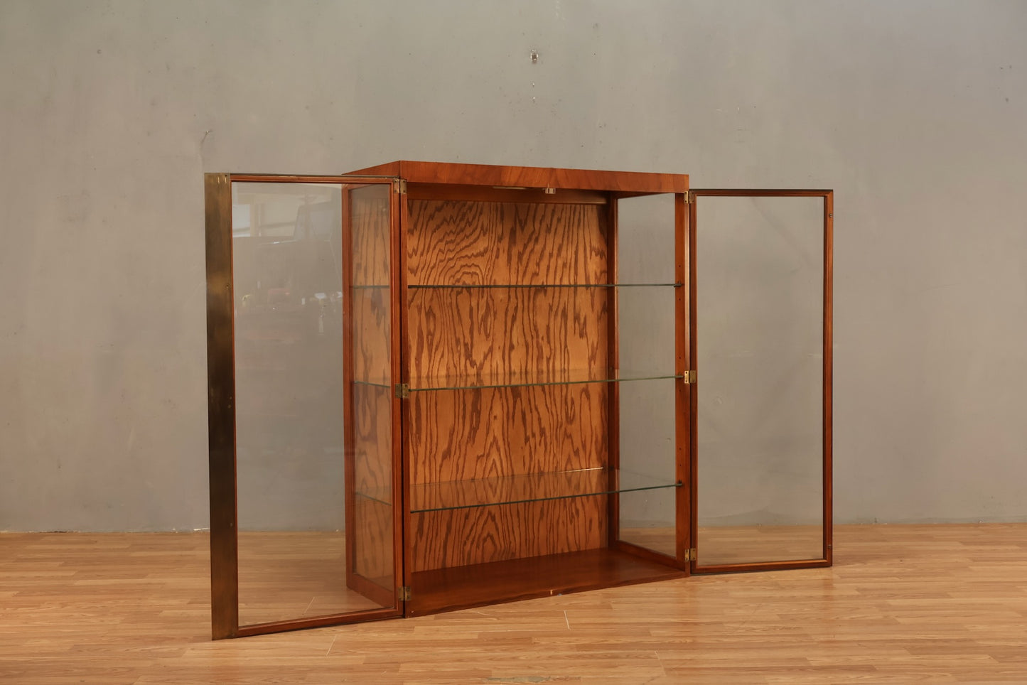 Mid Century Brass & Glass Illuminated Bookcase