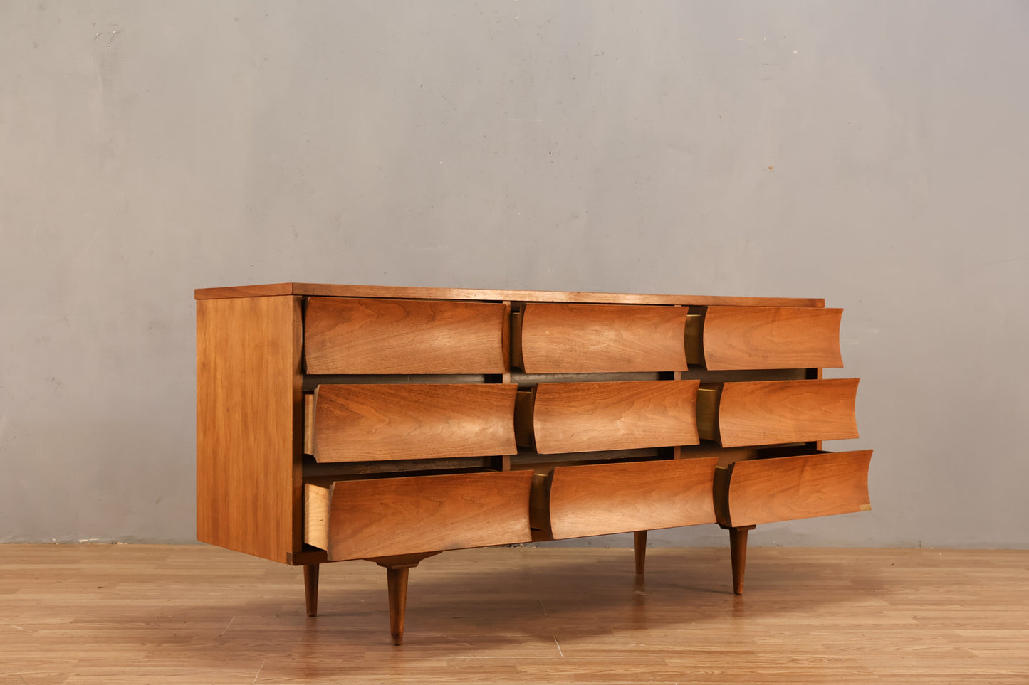 Mid Century Concave Walnut 9-Drawer Dresser