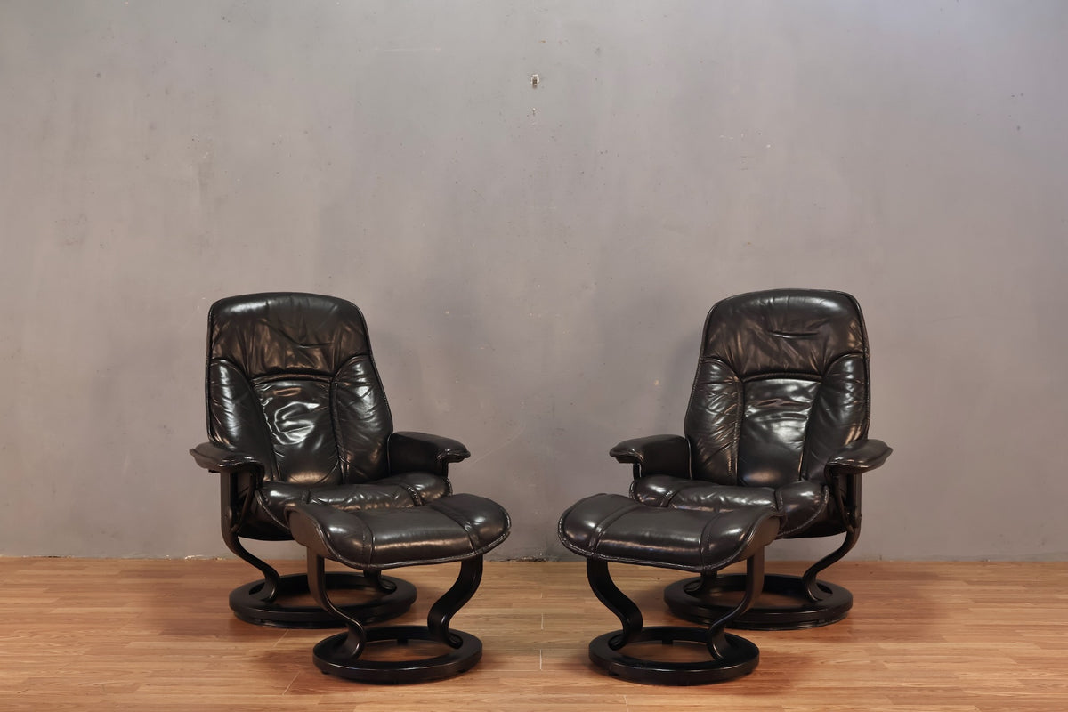 Ekornes "Stressless" Black Leather Recliner & Ottoman - ONLINE ONLY
