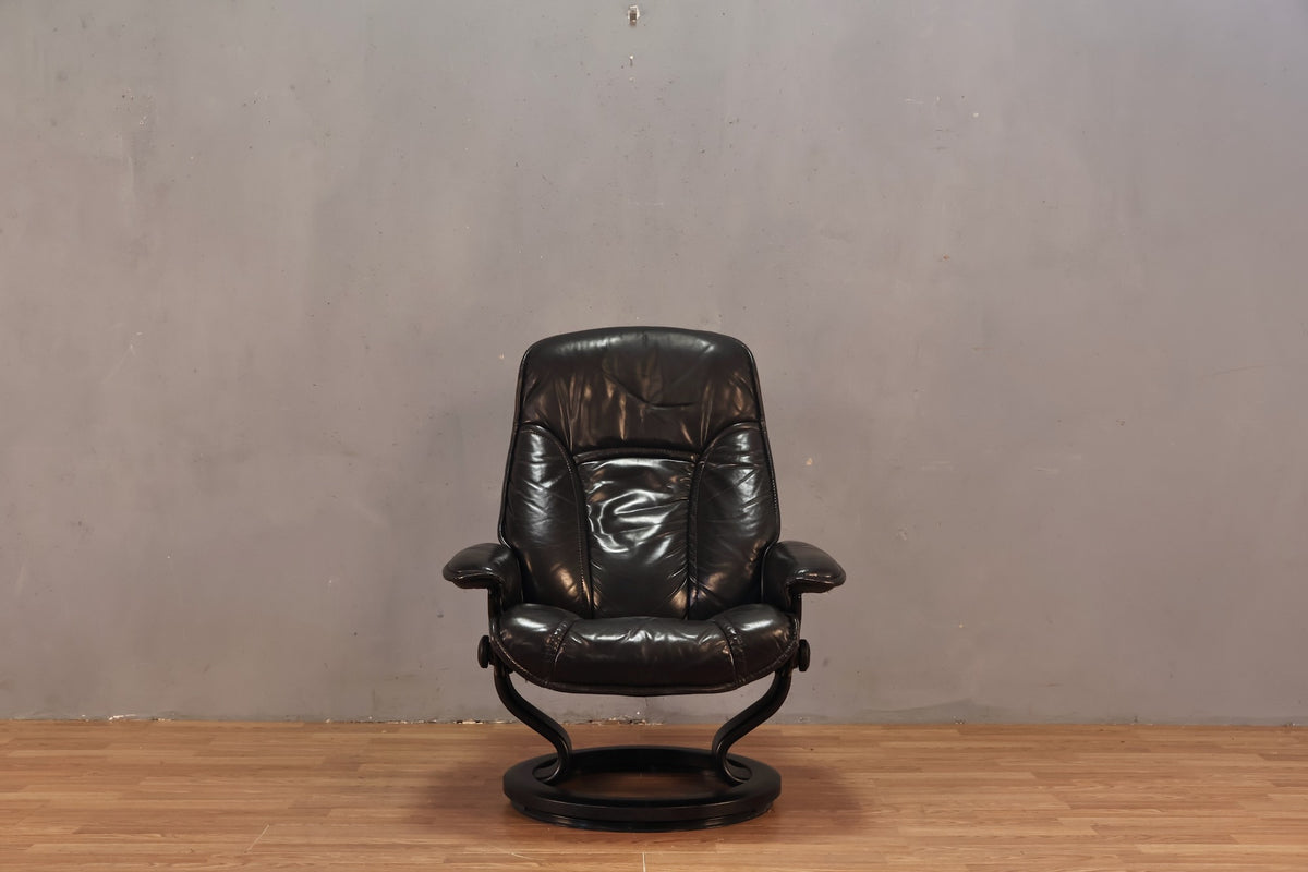 Ekornes "Stressless" Black Leather Recliner & Ottoman - ONLINE ONLY
