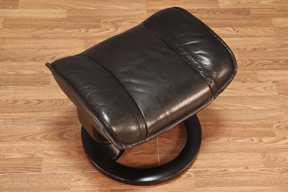 Ekornes "Stressless" Black Leather Recliner & Ottoman - ONLINE ONLY