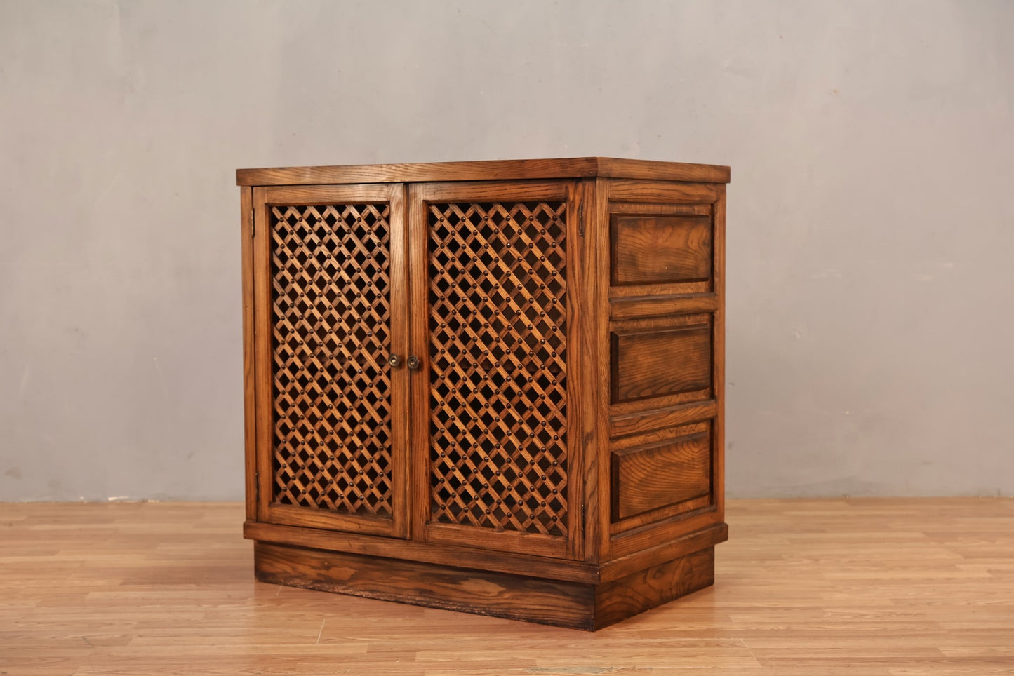 Mid Century Oak Lattice-Door Cabinet