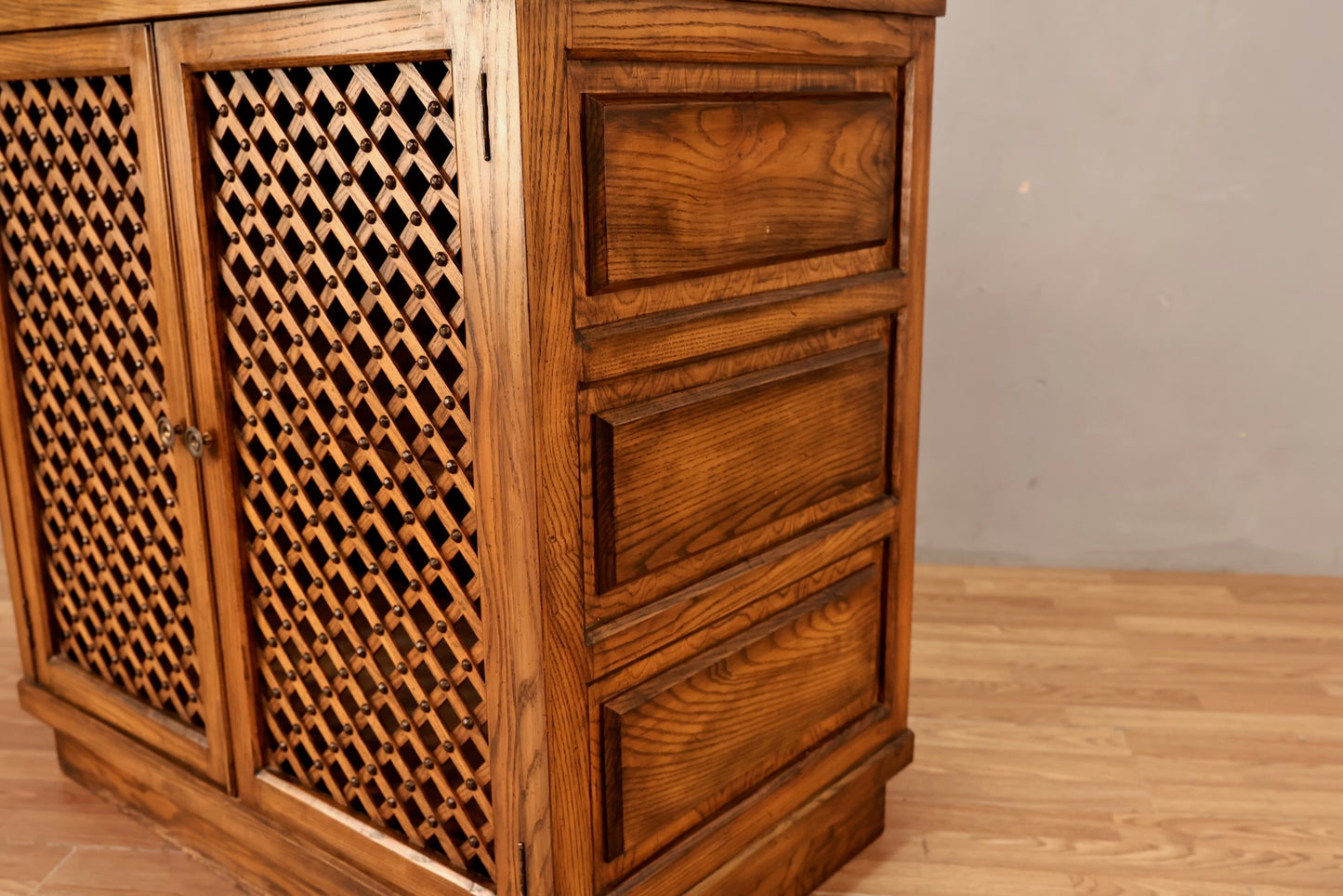 Mid Century Oak Lattice-Door Cabinet