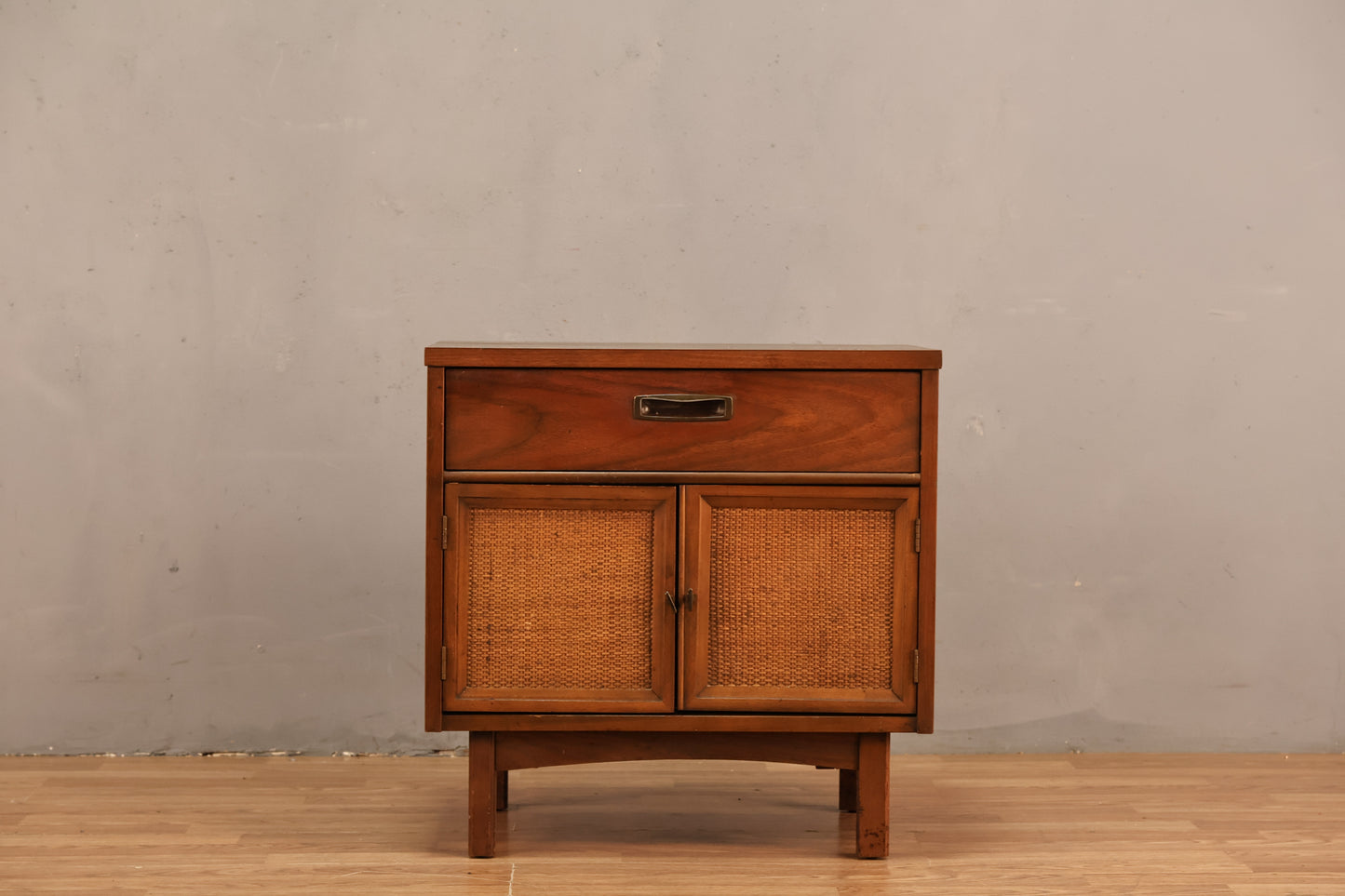 Mid Century Walnut & Woven 2-Door End Table