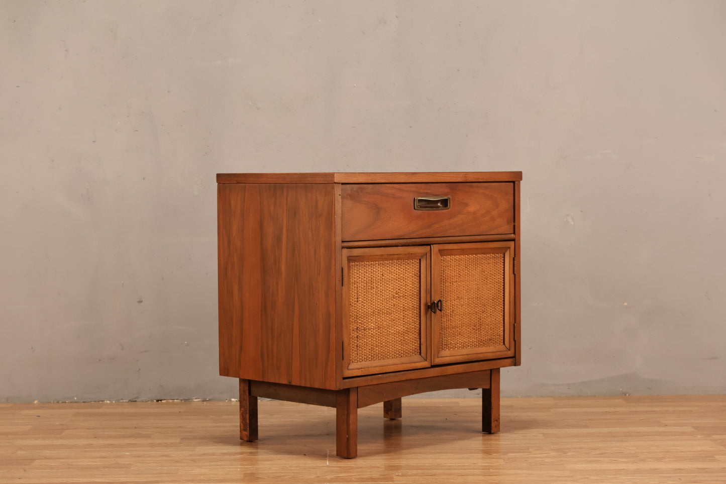 Mid Century Walnut & Woven 2-Door End Table