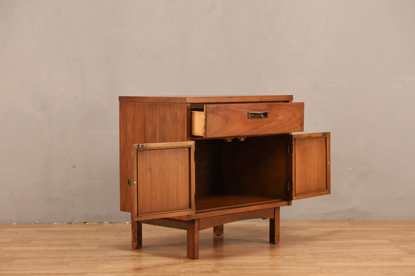 Mid Century Walnut & Woven 2-Door End Table