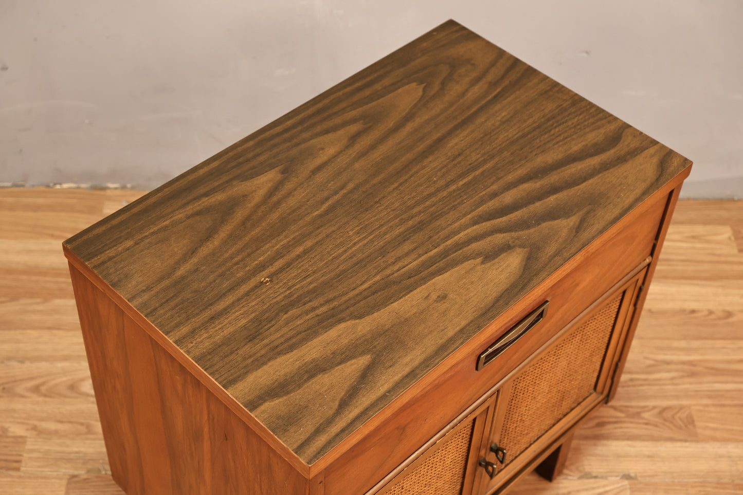 Mid Century Walnut & Woven 2-Door End Table