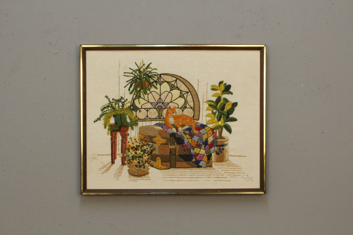"A Purr-Fect Morning" 1970s Embroidered Art