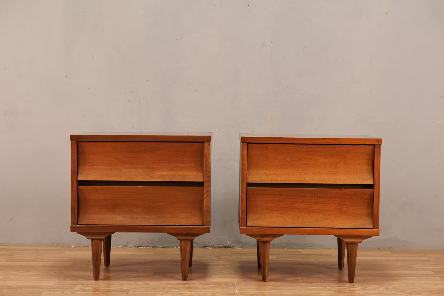Mid Century Concave Walnut 2-Drawer Nightstand