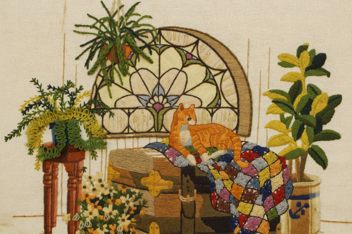 "A Purr-Fect Morning" 1970s Embroidered Art