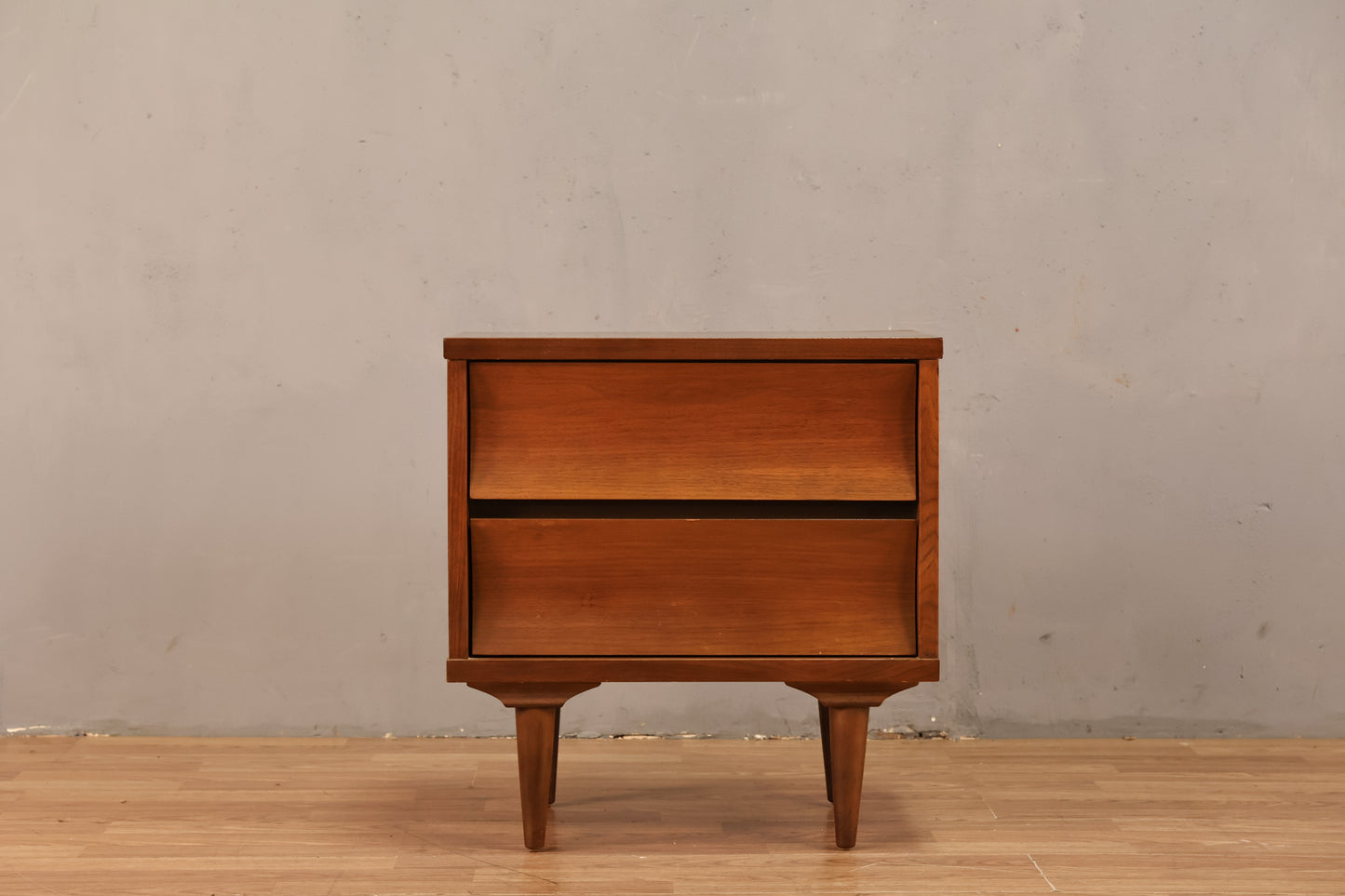 Mid Century Concave Walnut 2-Drawer Nightstand
