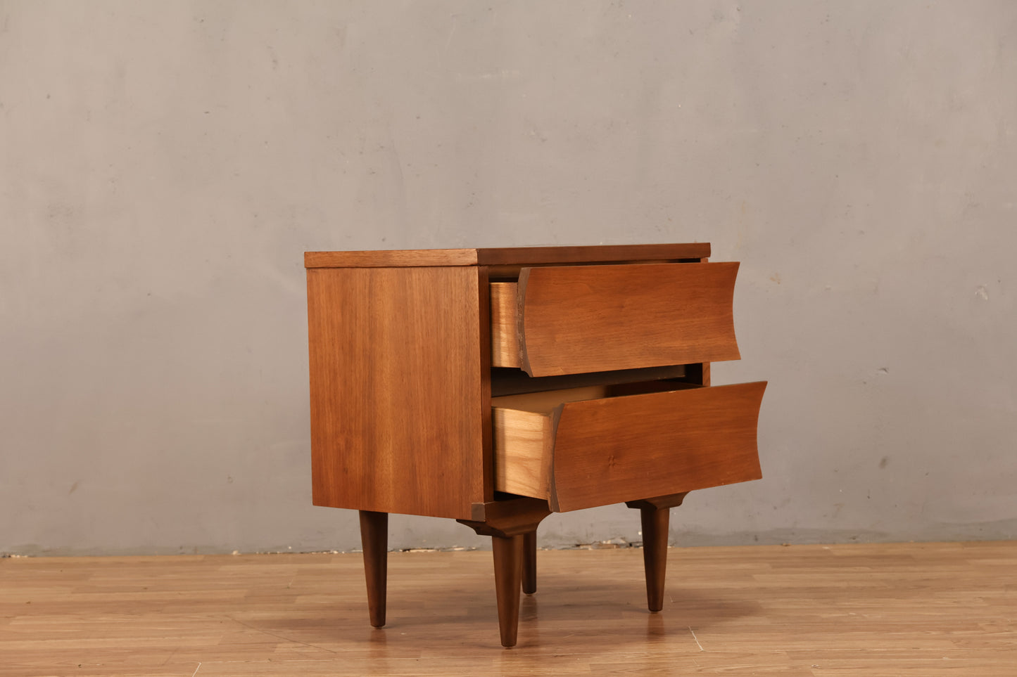 Mid Century Concave Walnut 2-Drawer Nightstand