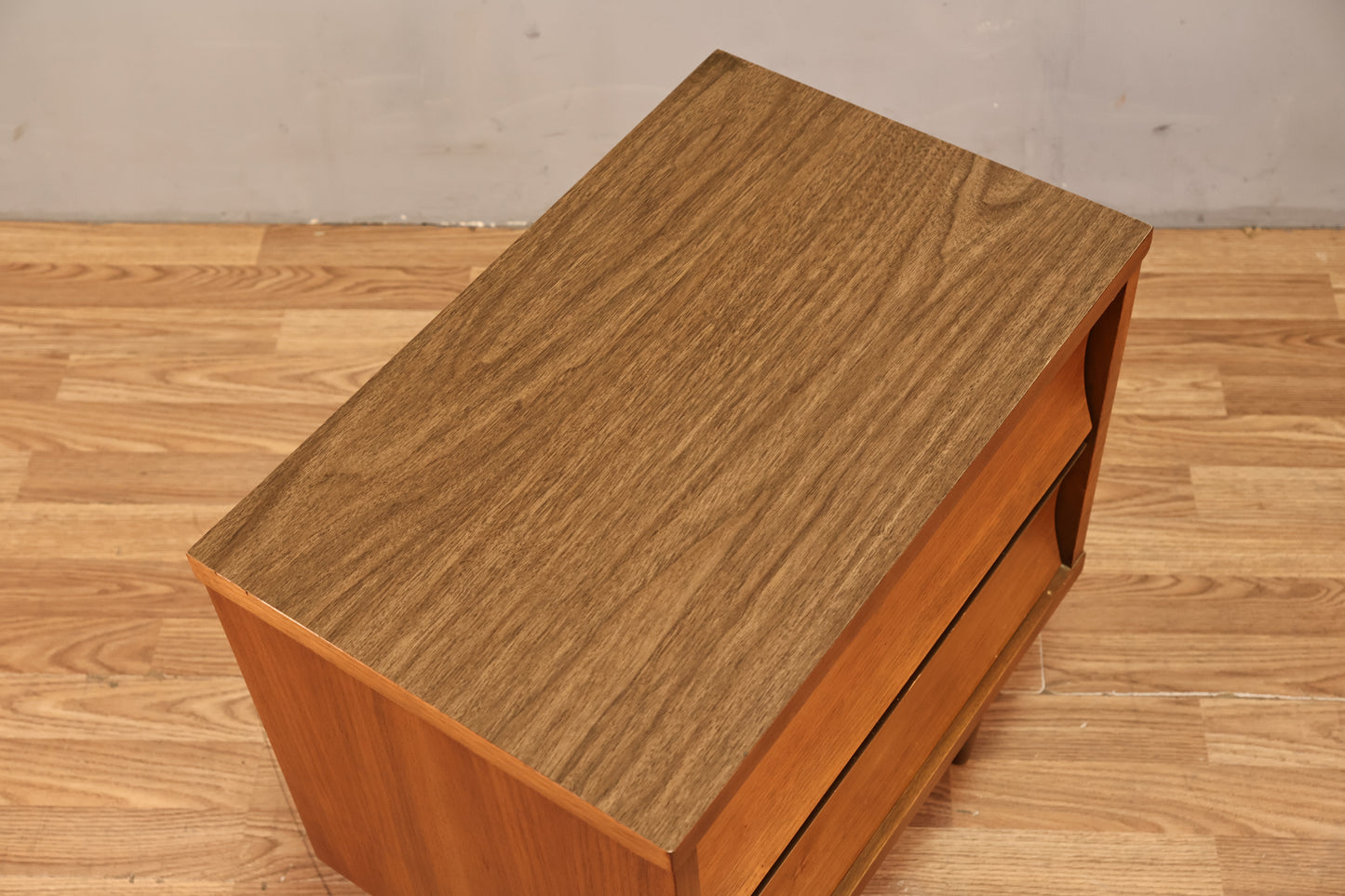 Mid Century Concave Walnut 2-Drawer Nightstand