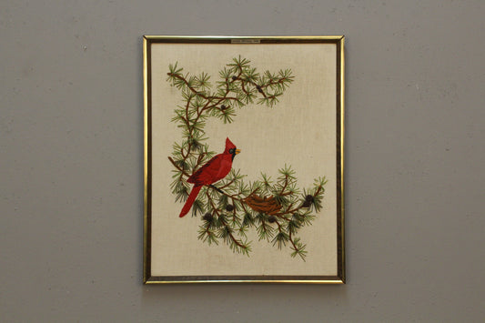 "Cardinal in Evergreens" 1970s Embroidered Art