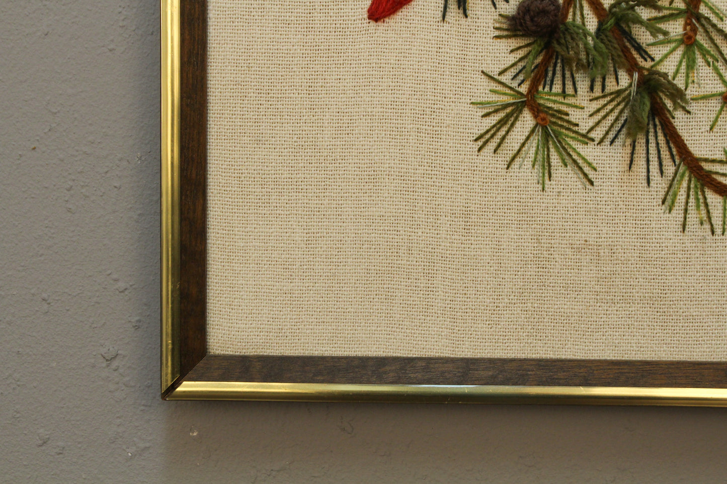 "Cardinal in Evergreens" 1970s Embroidered Art