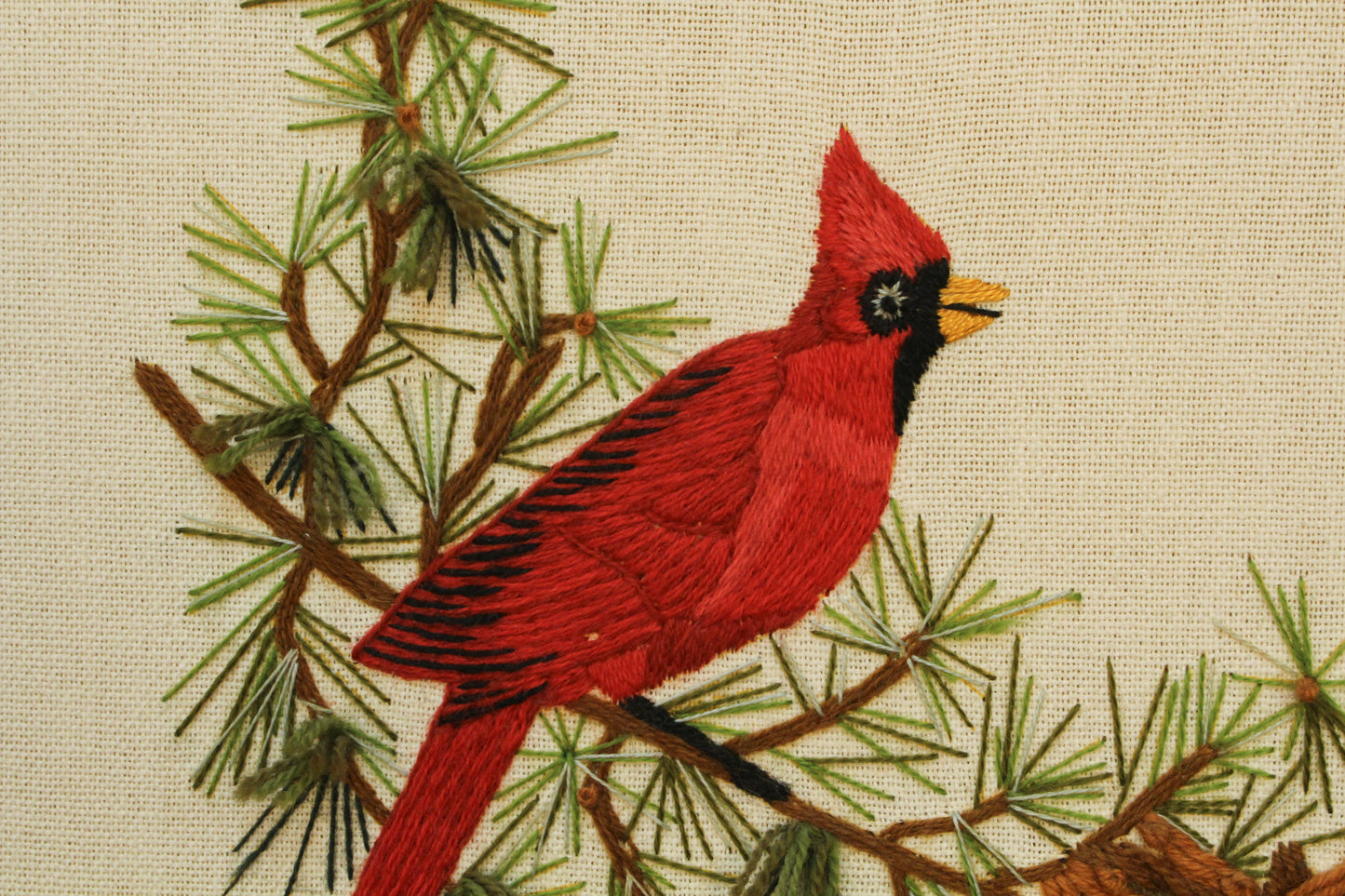 "Cardinal in Evergreens" 1970s Embroidered Art