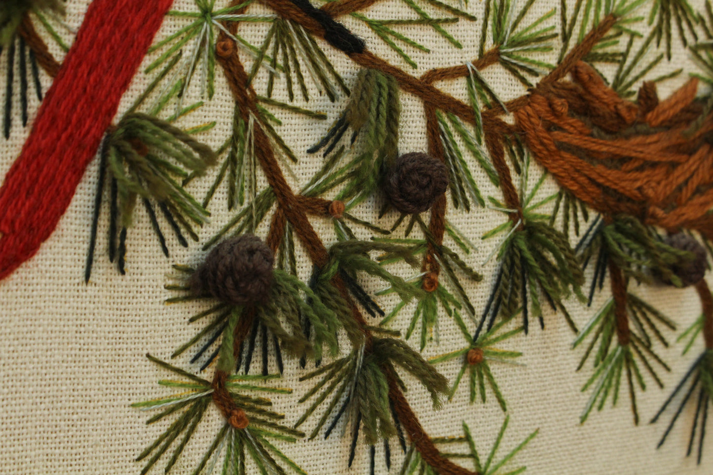 "Cardinal in Evergreens" 1970s Embroidered Art