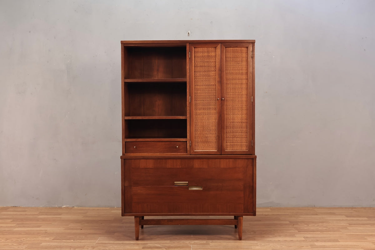 American of Martinsville Walnut & Cane Wall Unit