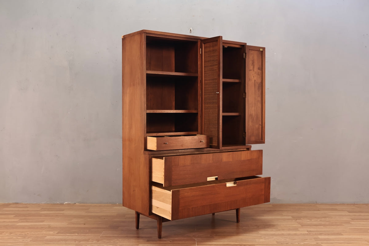 American of Martinsville Walnut & Cane Wall Unit