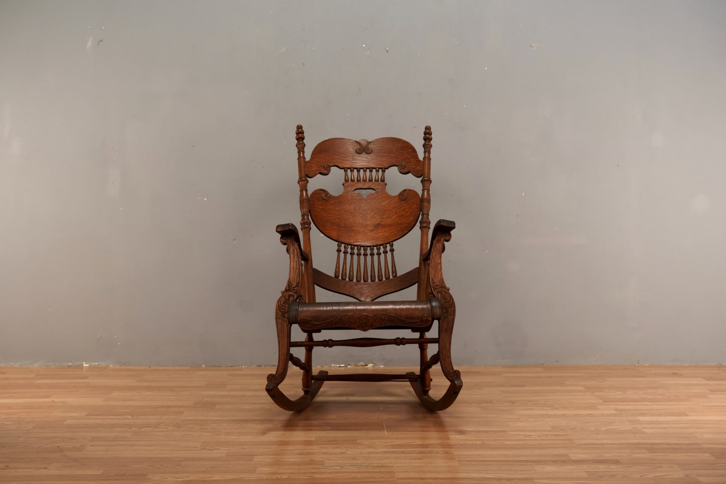 art nouveau antique peace lily carved oak rocking chair Antique Tiger Oak Rocking Chair