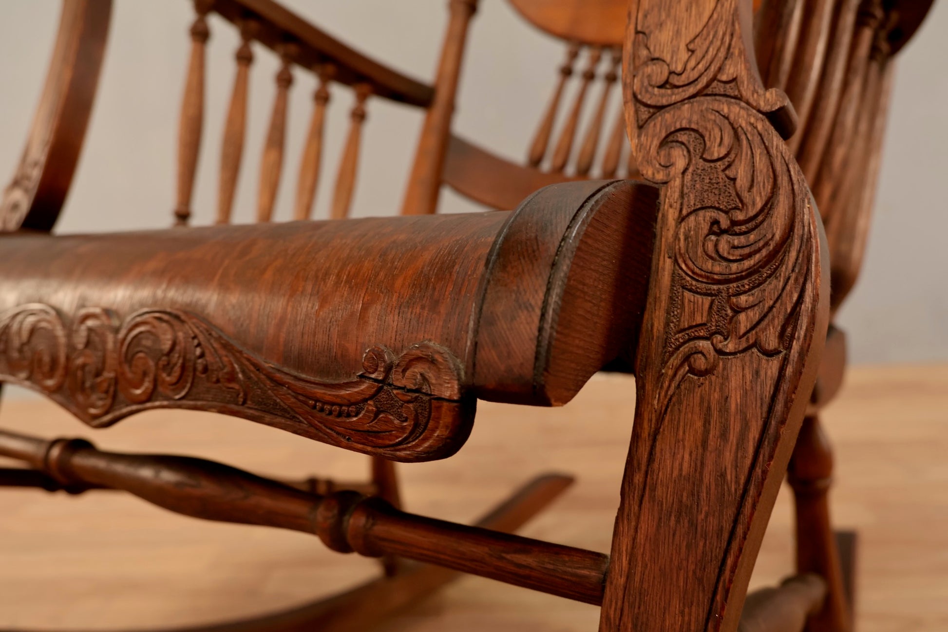 art nouveau antique peace lily carved oak rocking chair Antique Tiger Oak Rocking Chair
