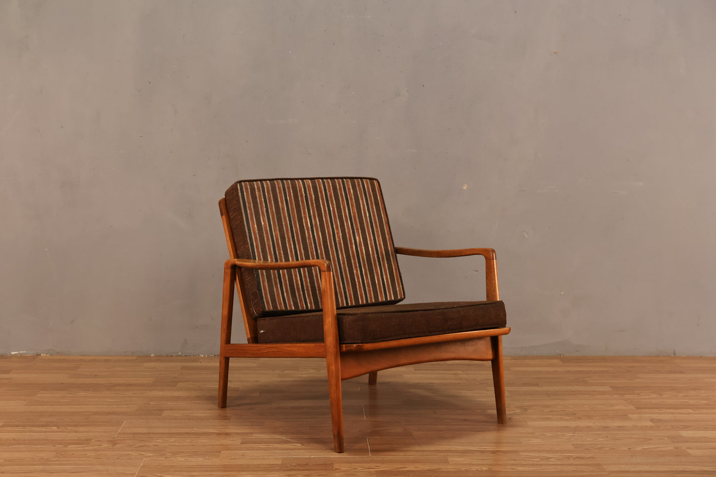 Classic Mid Century Walnut & Stripe Lounge Chair - ONLINE ONLY